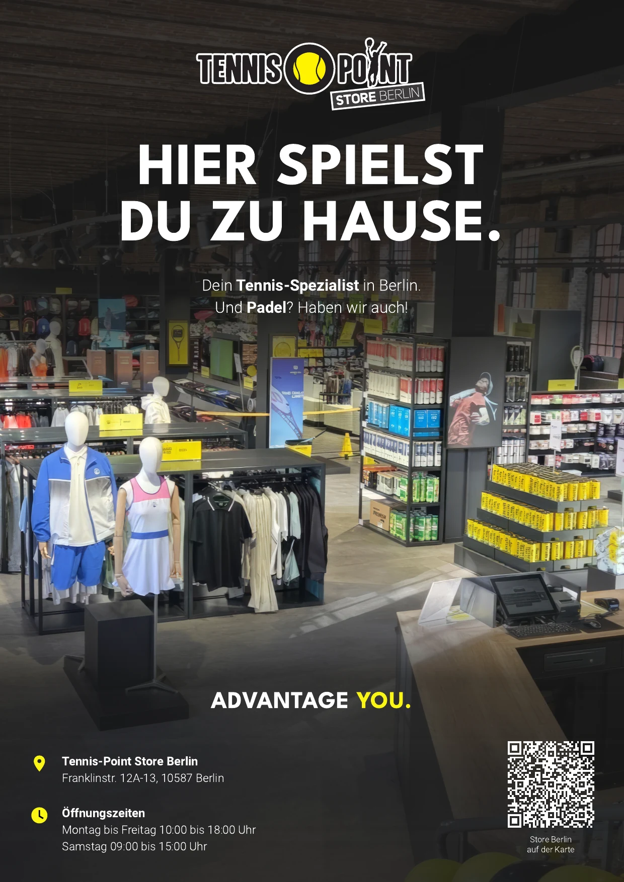 A4-Anzeige des Tennis-Point Store Berlin mit Storeaufnahme, Headline und Adressblock