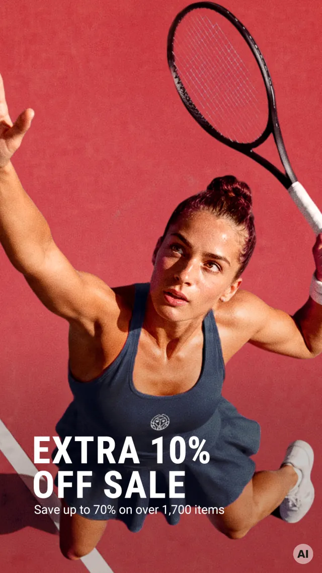 Story-Beispiel von Tennis-Point: Spielerin beim Aufschlag aus der Vogelperspektive mit Headline über dem unteren Bildbereich